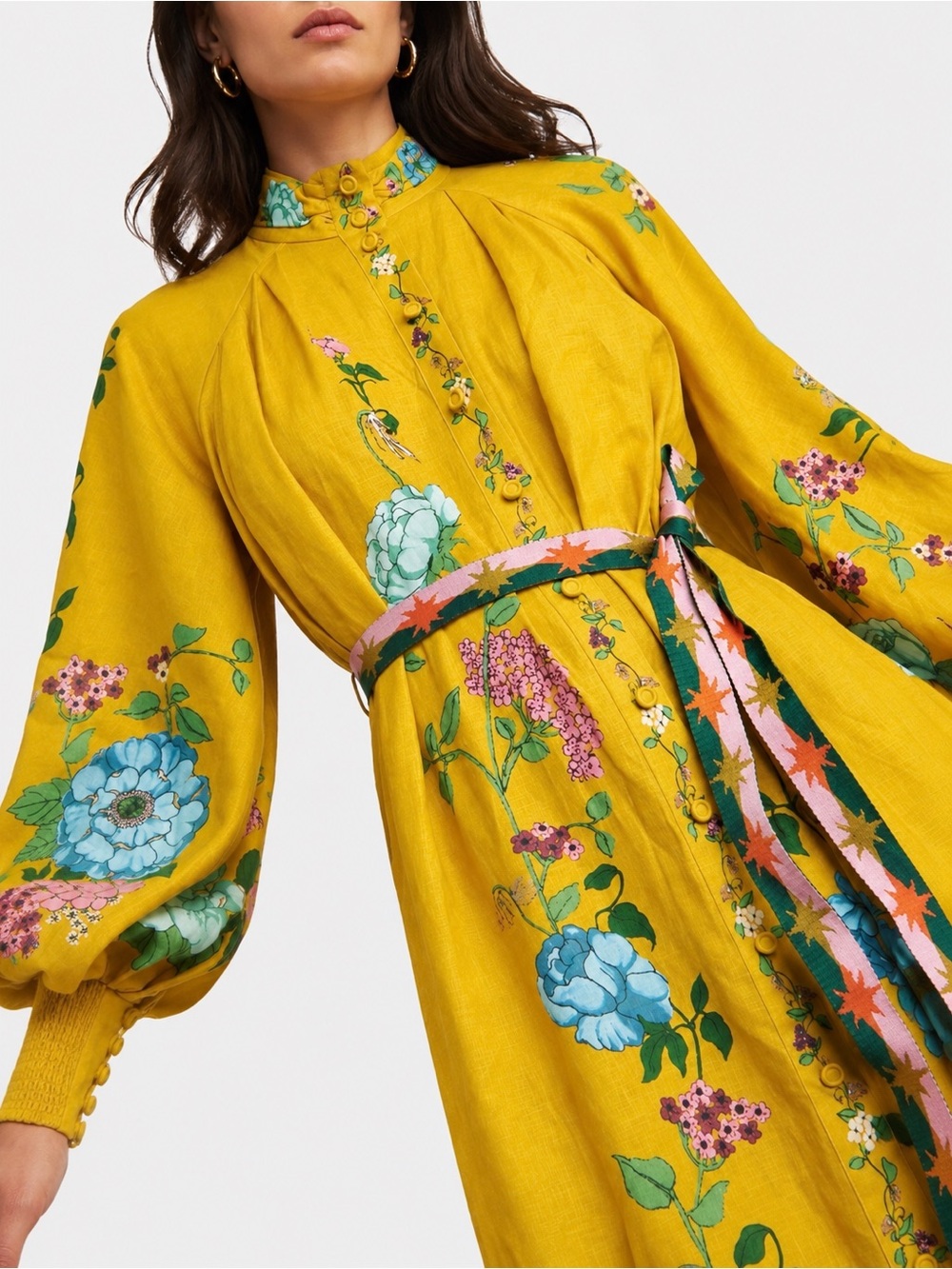 ALÉMAIS Floral Linen Maxi Dress AU 8 US 4 Yellow Belted Botanical Print